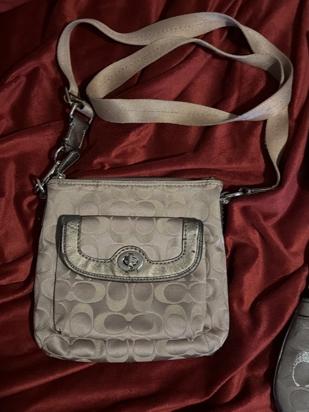 Coach Beige Signature Crossbody with Metallic Trim
